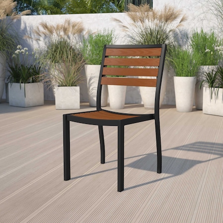 Flash Furniture Lark Outdoor Stackable Side Chair with Faux Teak Poly Slats XU-DG-HW6036-GG